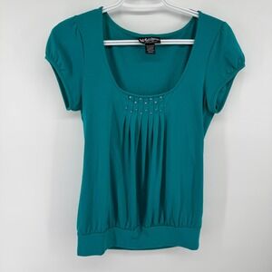 Y2K Self Esteem Womens Teal Green Studded Pleated Scoop Neck Puff Sleeve Top Med